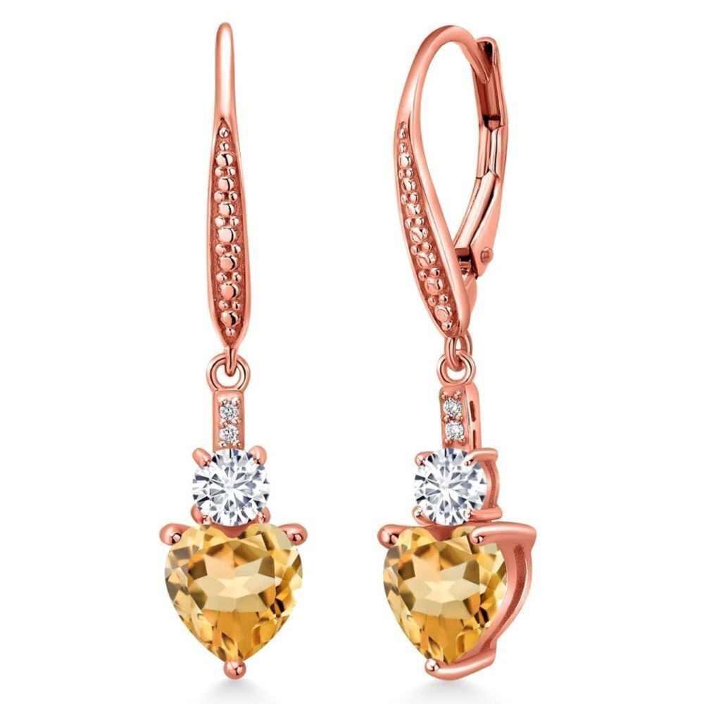 18K Rose Gold 2.57 Cttw Yellow Citrine and White Diamond Heart Drop Earrings